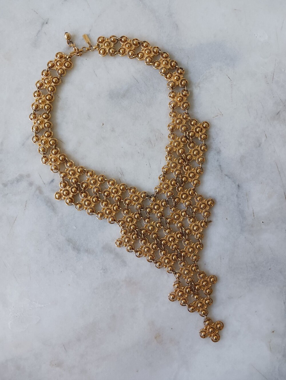 Vintage Monet 1971 Moresque Gold Tone Etruscan Runway Statment Bib Necklace